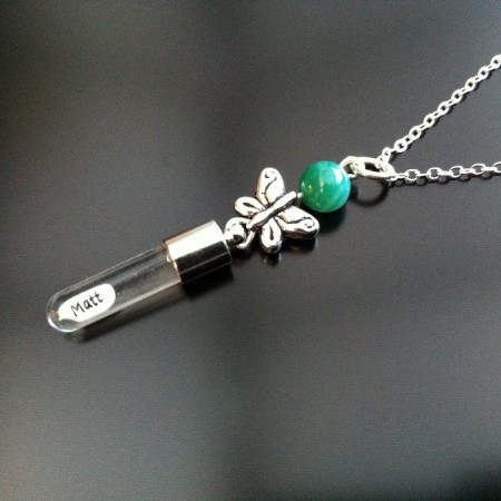 silver butterfly green agate rice charm on chain