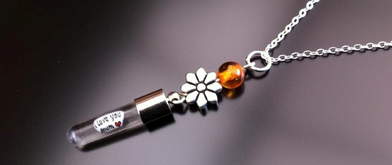 silver flower amber rice charm on chain