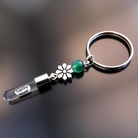 silver flower green agate rice charm key ring