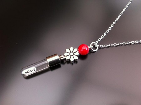 silver flower red coral rice charm on chain