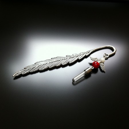 bookmark angel rice charm with red jasper and mother of pearl gems