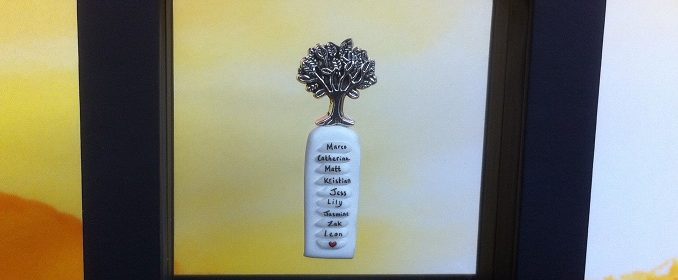 rice writing in frame - family tree charm