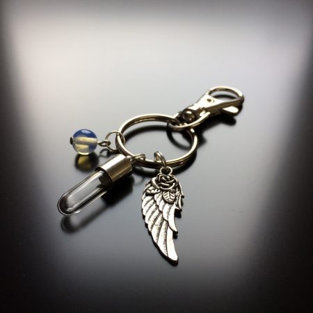 rice writing rice charm key ring with angel wing charm and opalite crystal