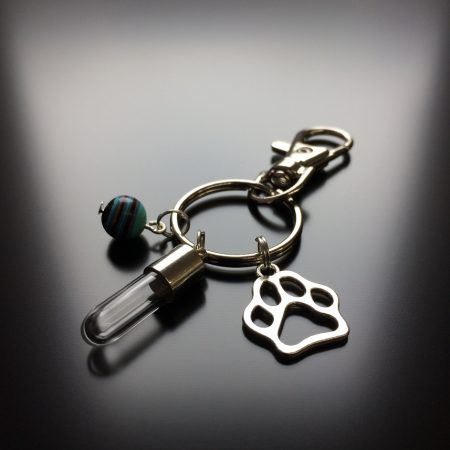 rice writing rice charm key ring with dog paw charm and stripey howlite crystal