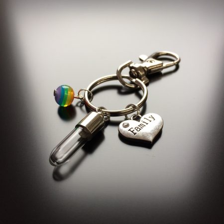 rice writing rice charm key ring with family heart charm and rainbow glass bead