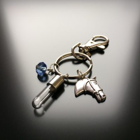 rice writing rice charm key ring with horse head charm and sapphire blue swarovski crystal