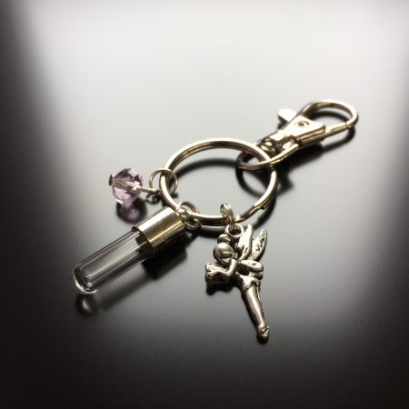 rice writing rice charm key ring with tinkerbell charm and pink swarovski crystal